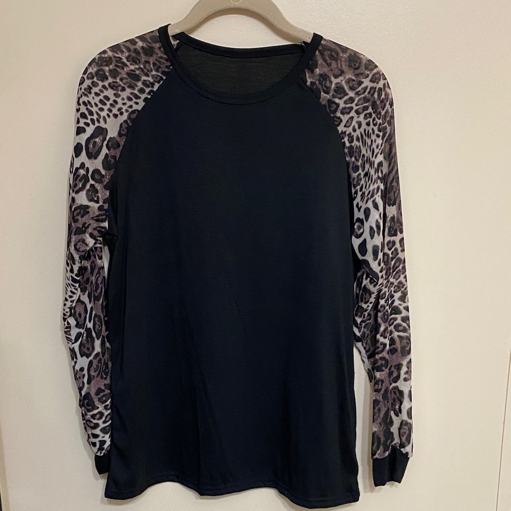 Amazon Black Top with Leopard Print Sleeves